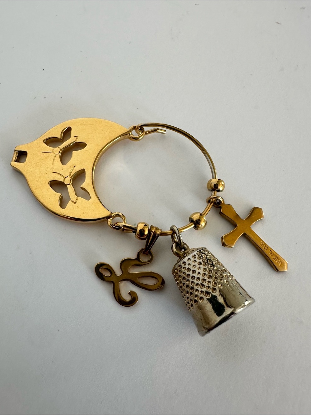 Gold Tone Charm Keyring with Cross, Thimble & Butterfly Cutout